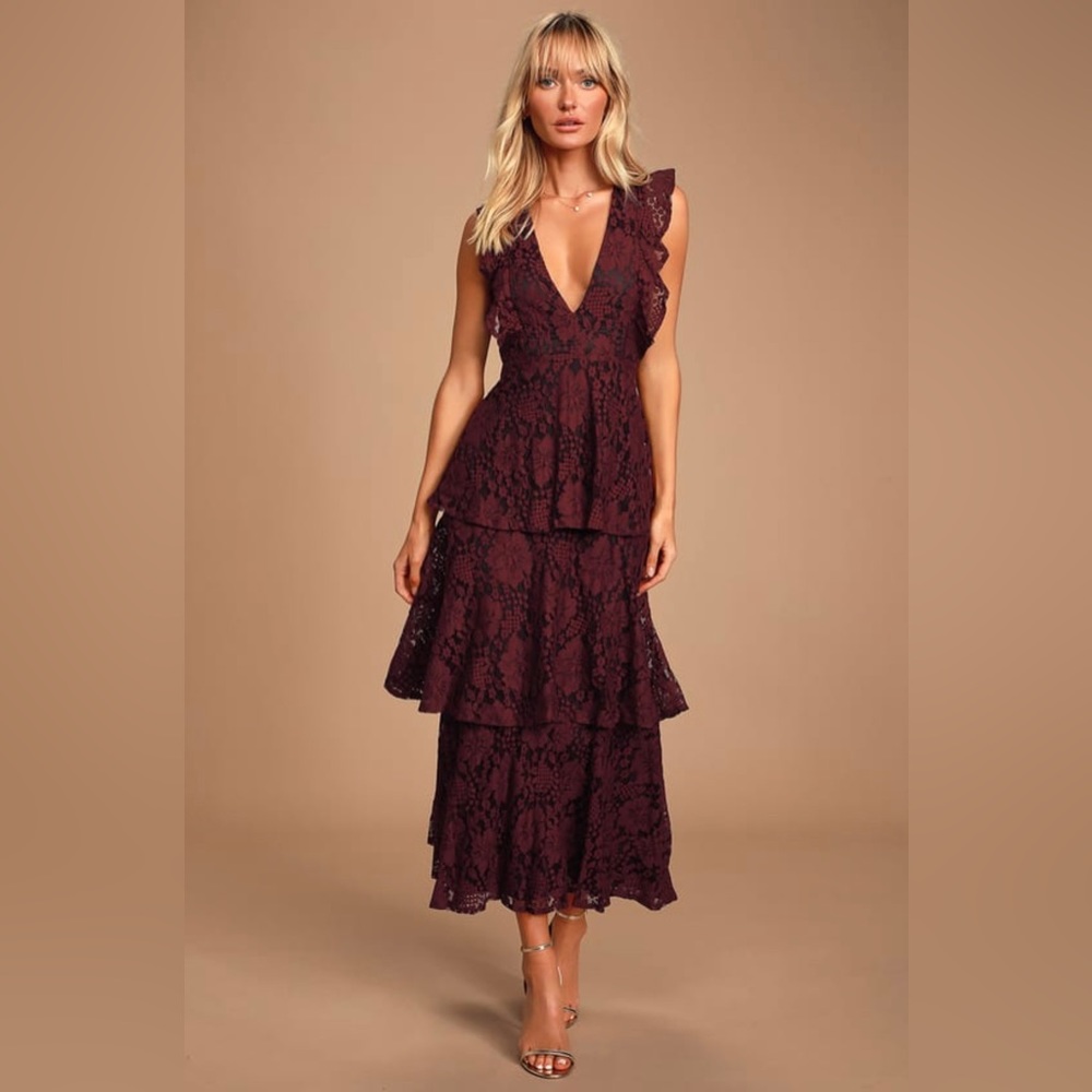 Lulus Molinetto Burgundy lace ruffled tiered dress